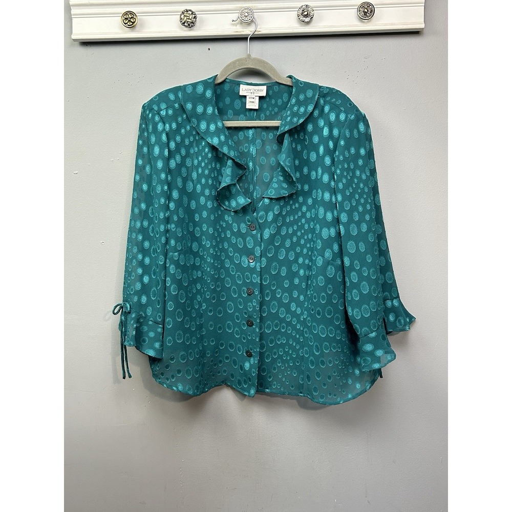 Lady Dorby Blouse Womens 22W Teal Polka Dot Jacquard Ruffle Tie Cuff 8664605